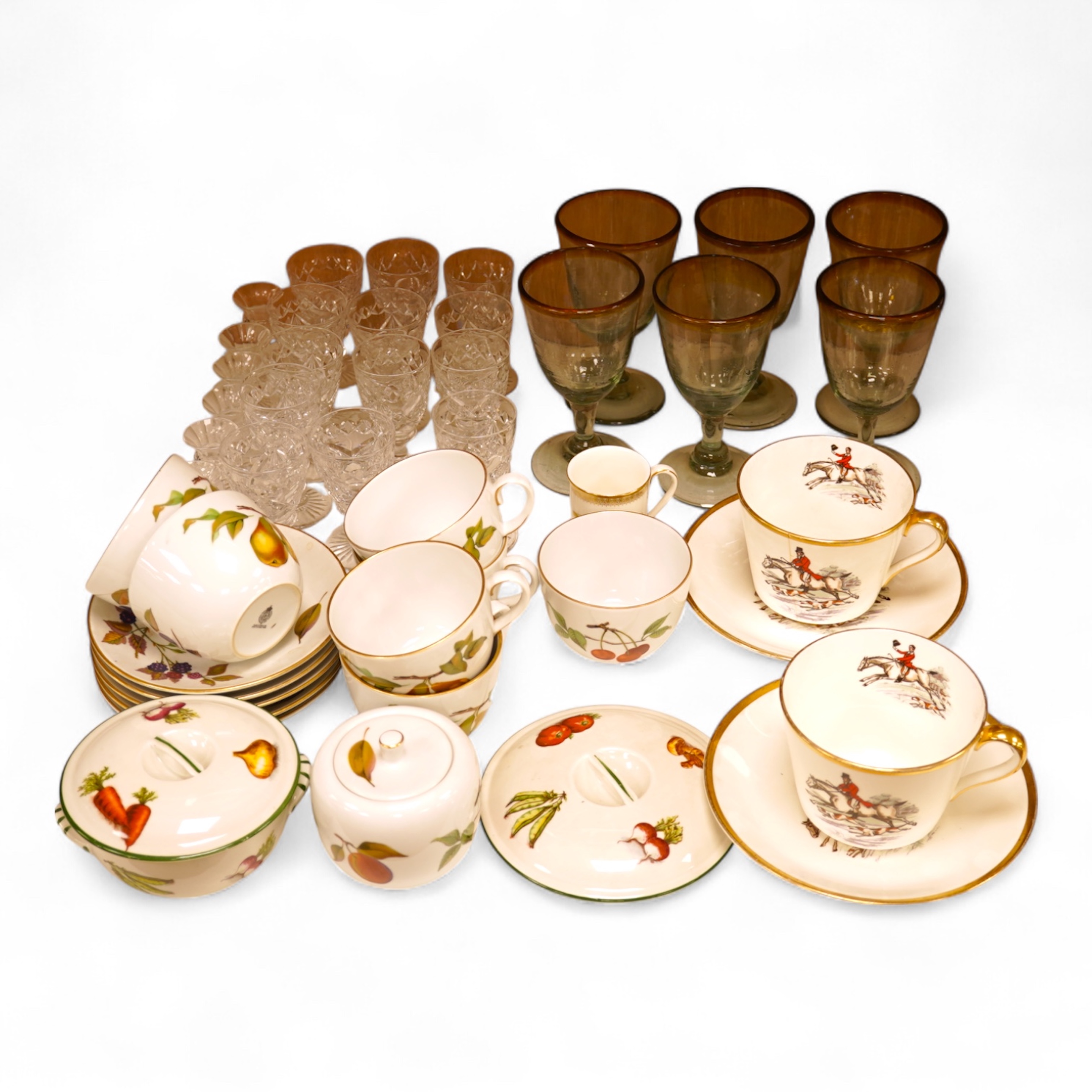 A collection of glassware to include Edinburgh crystal and Tudor, Worcester part tea set and two Hunting interest cups and saucers, largest glass 16cm high